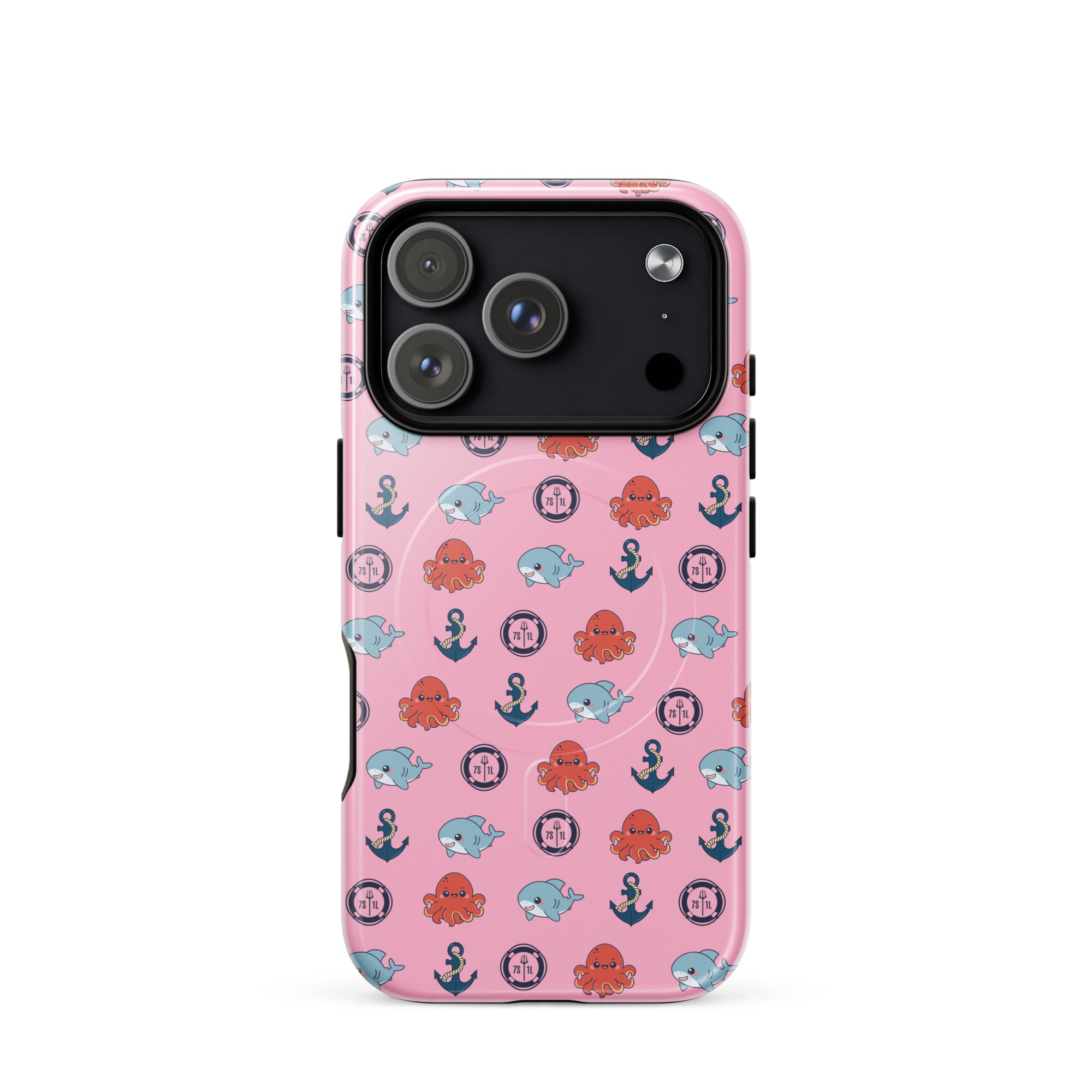 iphone case in pink with baby octopus and baby shark