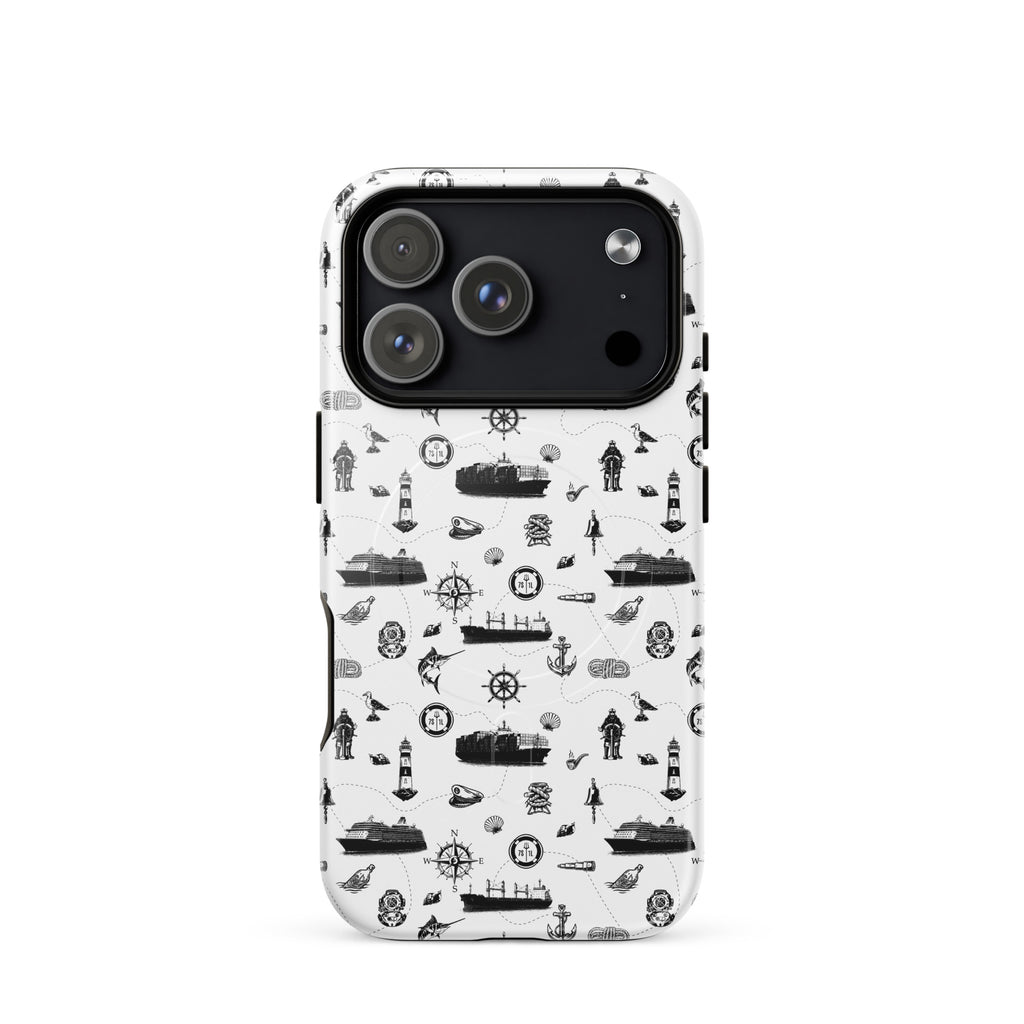 Luxury cruise iPhone case with black and white maritime pattern on a cruise ship