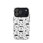 Luxury cruise iPhone case with black and white maritime pattern on a cruise ship