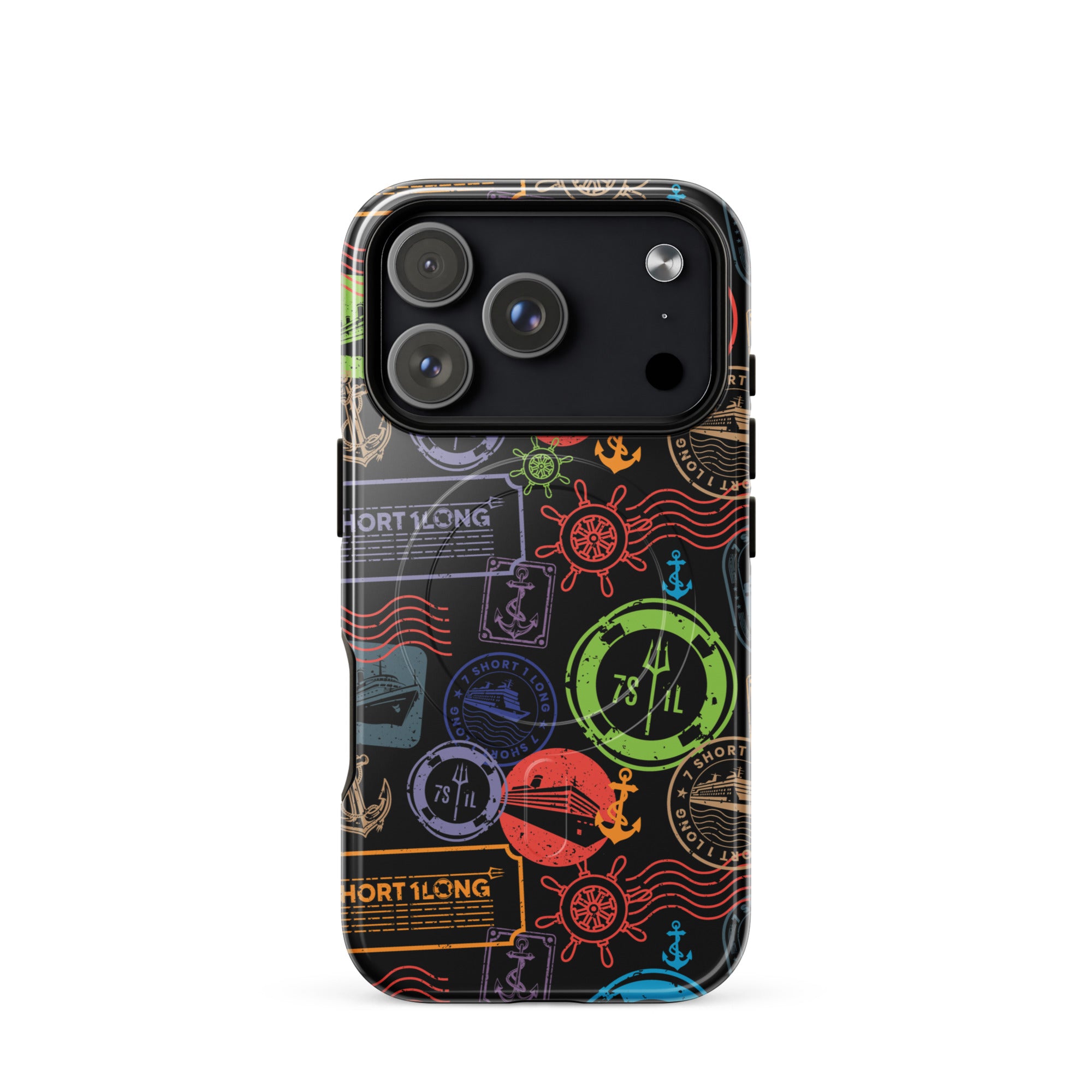 iPhone case with passport stamps and  black background