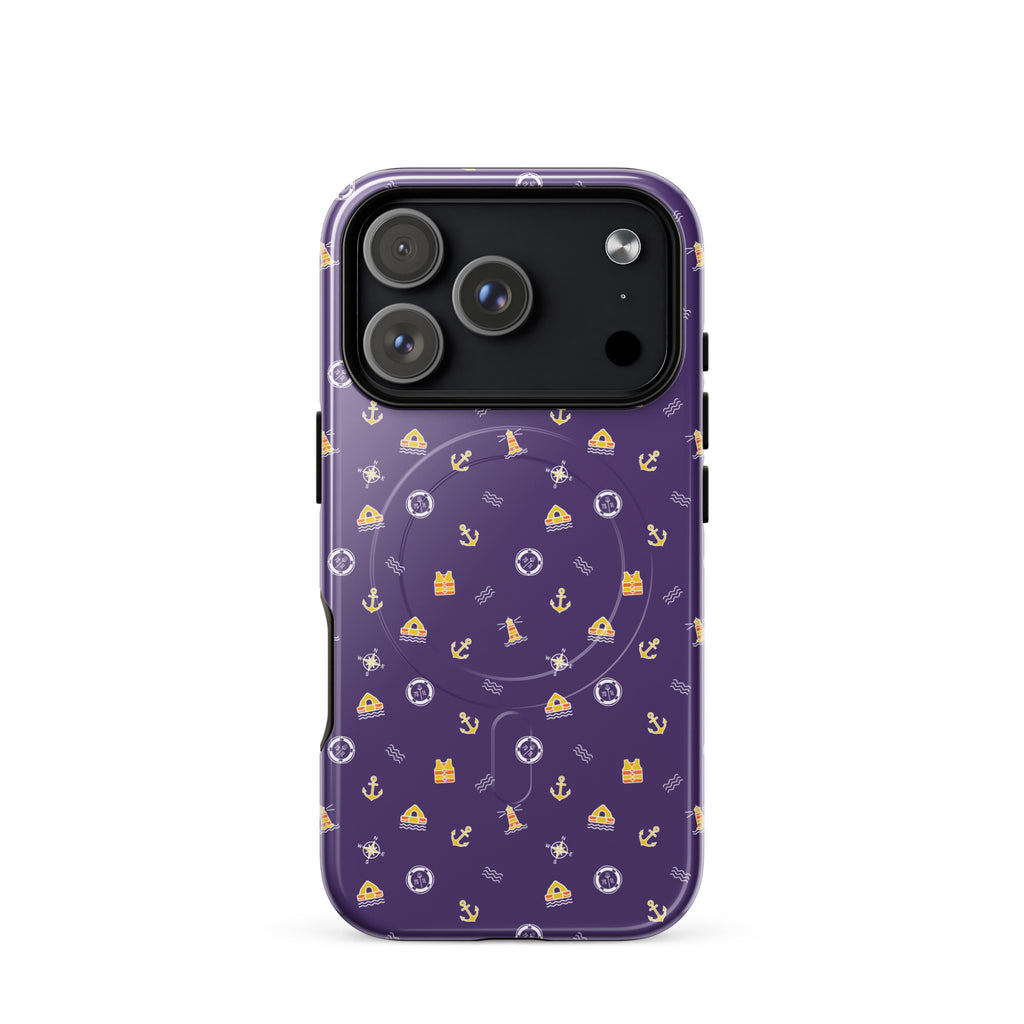 Purple phone case with a pattern of anchors and other nautical symbols on a white background