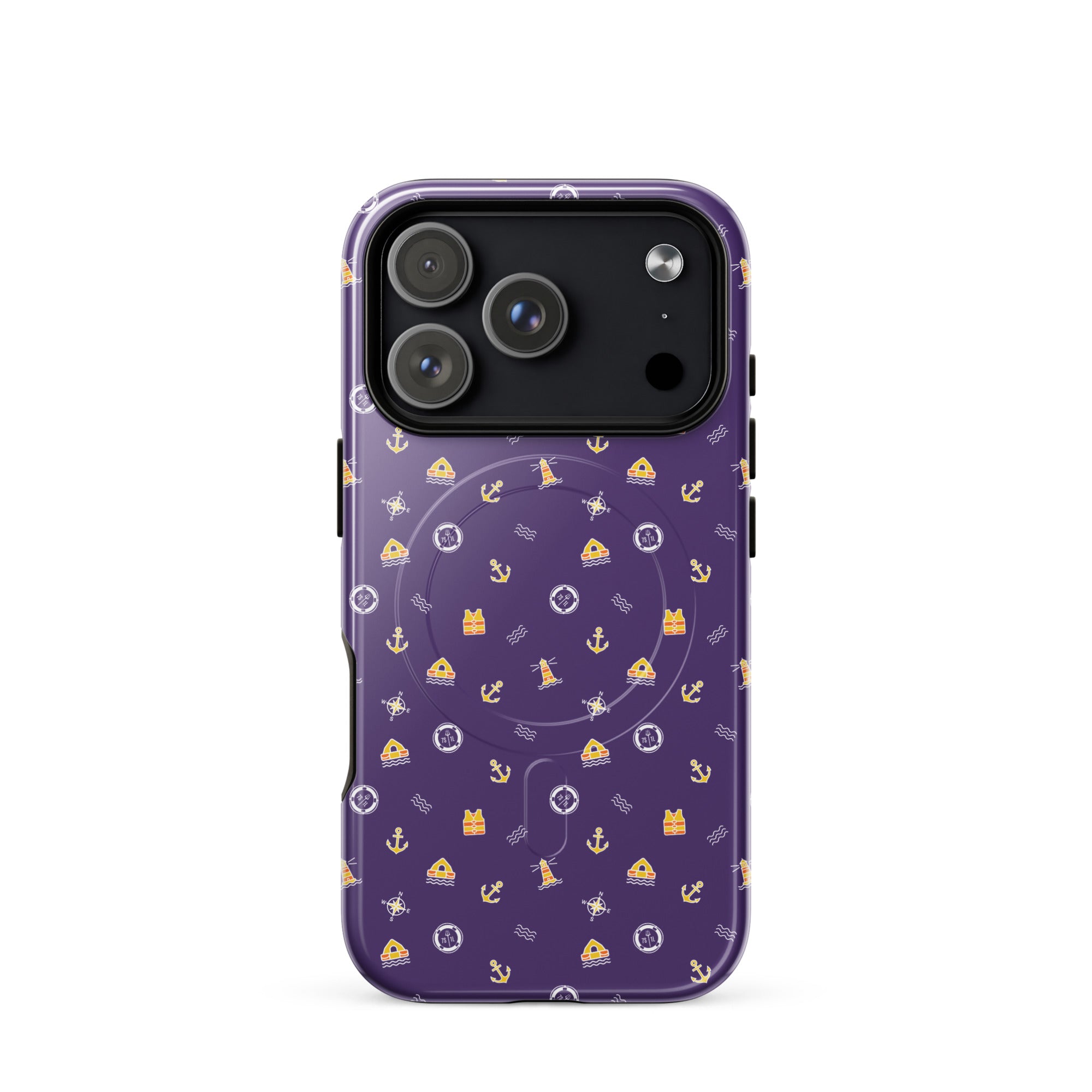 Purple phone case with a pattern of anchors and other nautical symbols on a white background