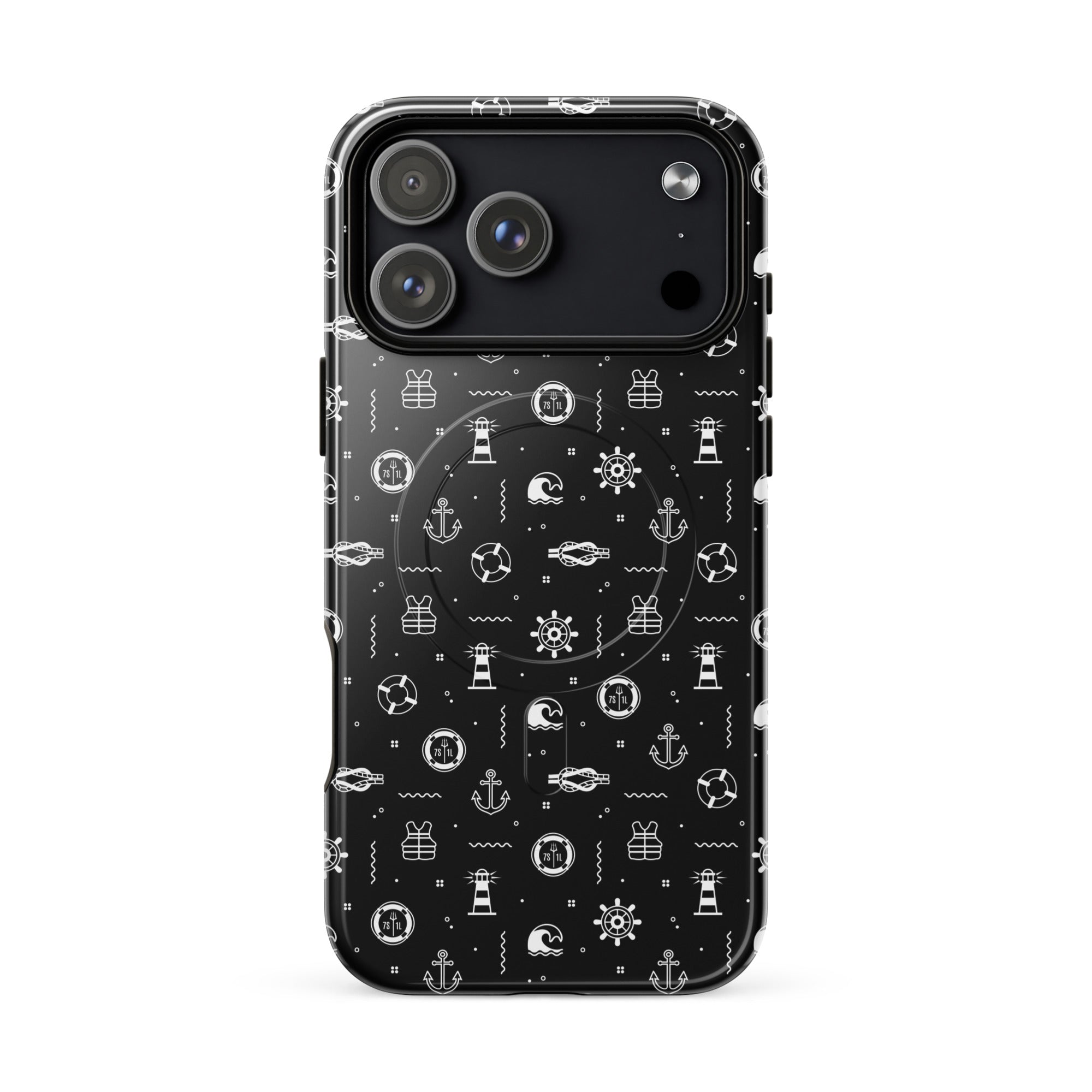 iPhone case with maritime pattern on a black background