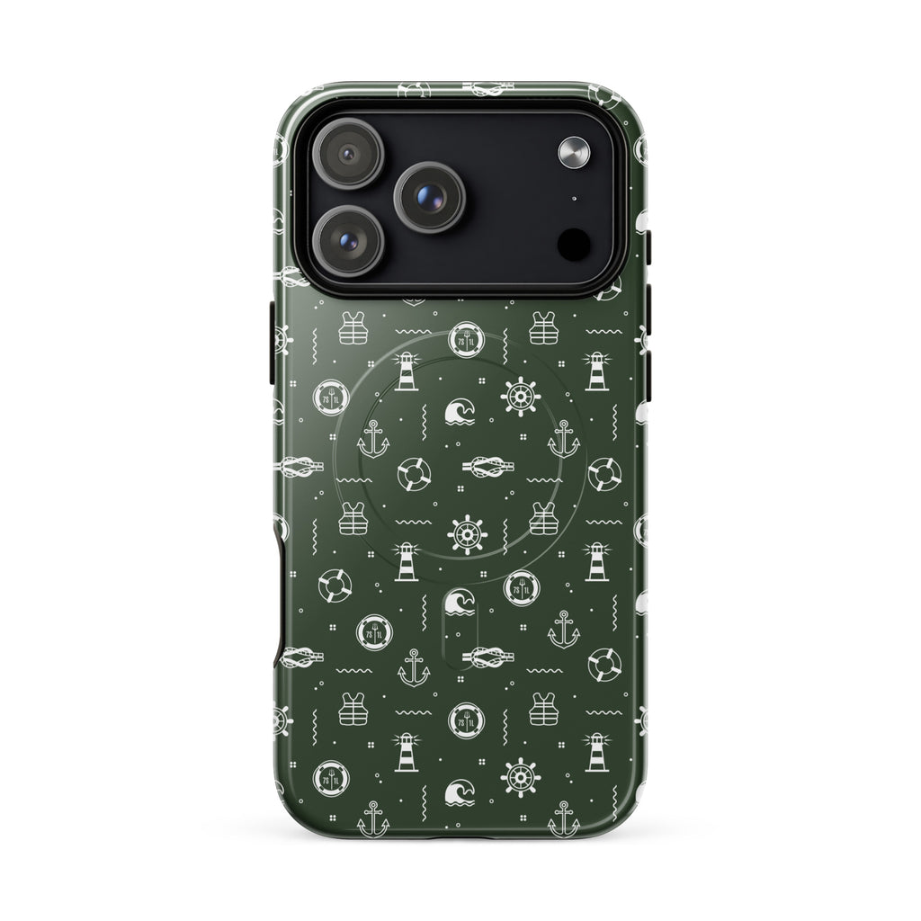 iPhone case with maritime pattern on a green background