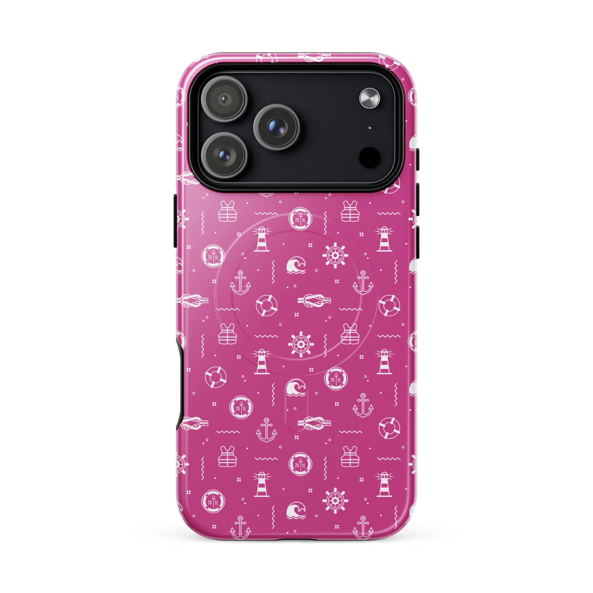 iPhone case with a pink background and white nautical maritime design 