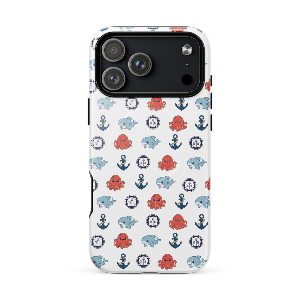 Phone case with nautical pattern featuring octopuses, anchors, and bubbles on a white background