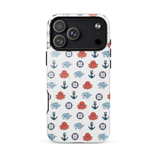 Phone case with nautical pattern featuring octopuses, anchors, and bubbles on a white background Hover Image