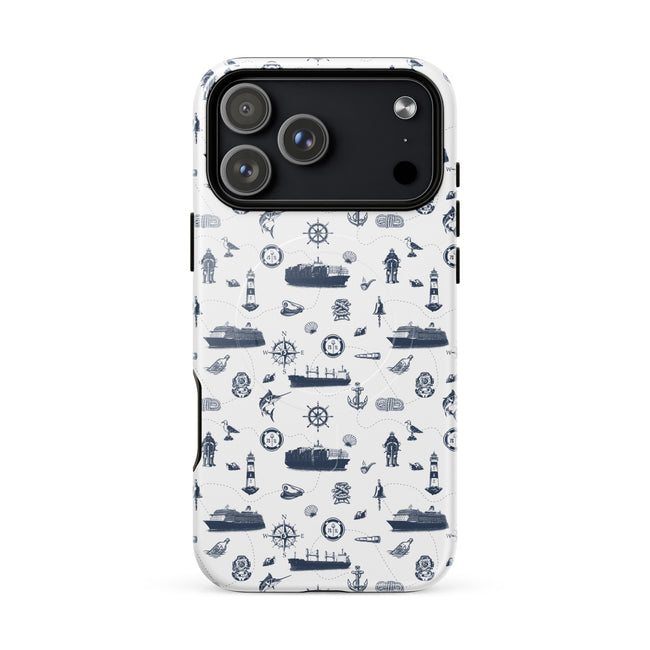 iPhone case with navy lexury nautical pattern on a white background Hover Image