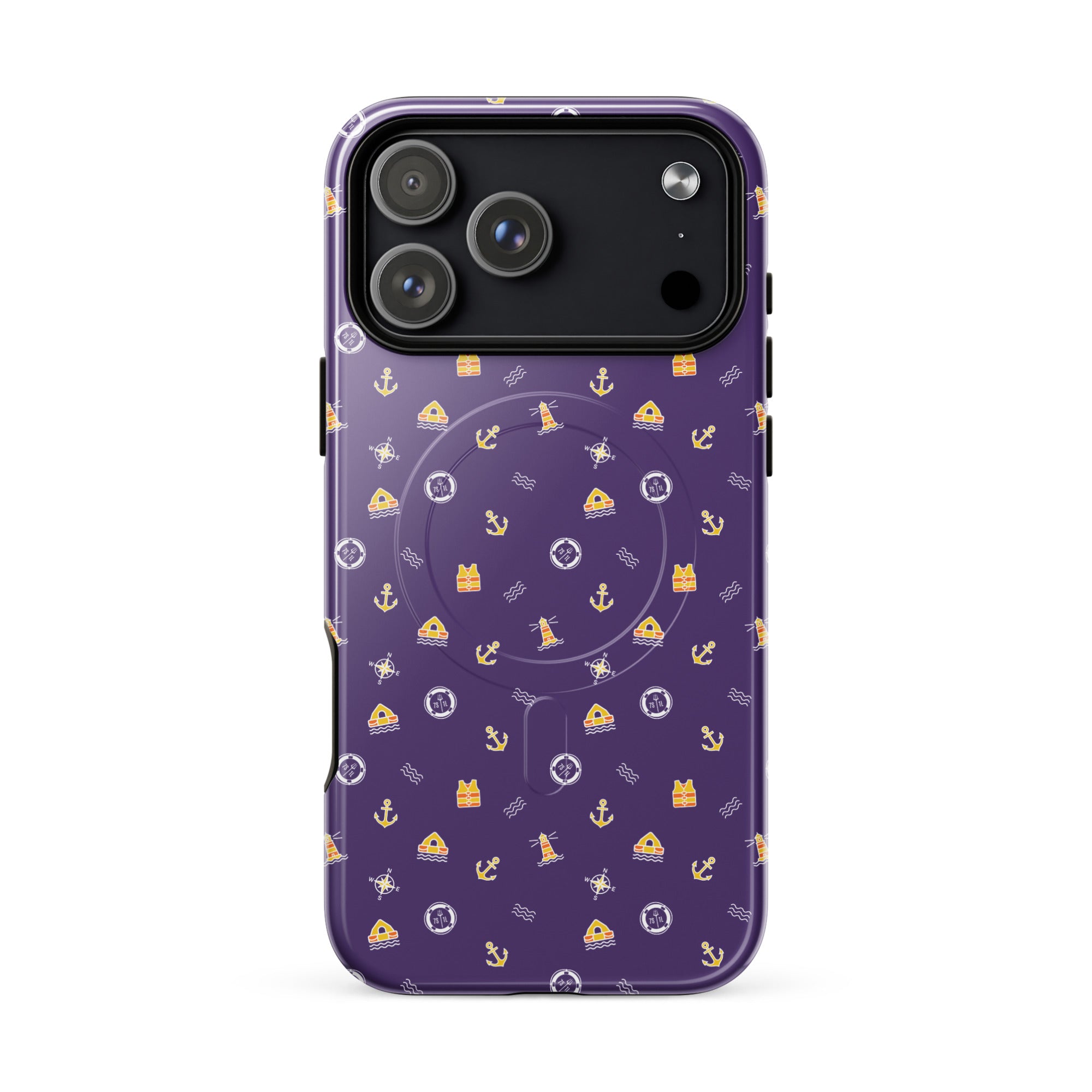 Phone case with a purple background and small icons on a white background Main image