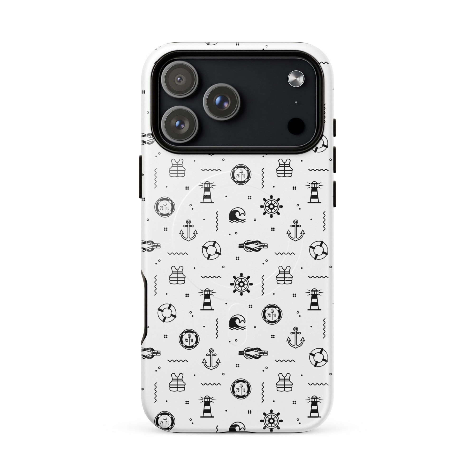Iphone 17 case in white with black maritime pattern Main image