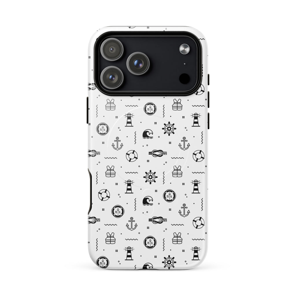 Iphone 17 case in white with black maritime pattern