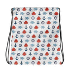 Drawstring bag with nautical pattern featuring octopuses, anchors, and whales on a white background.