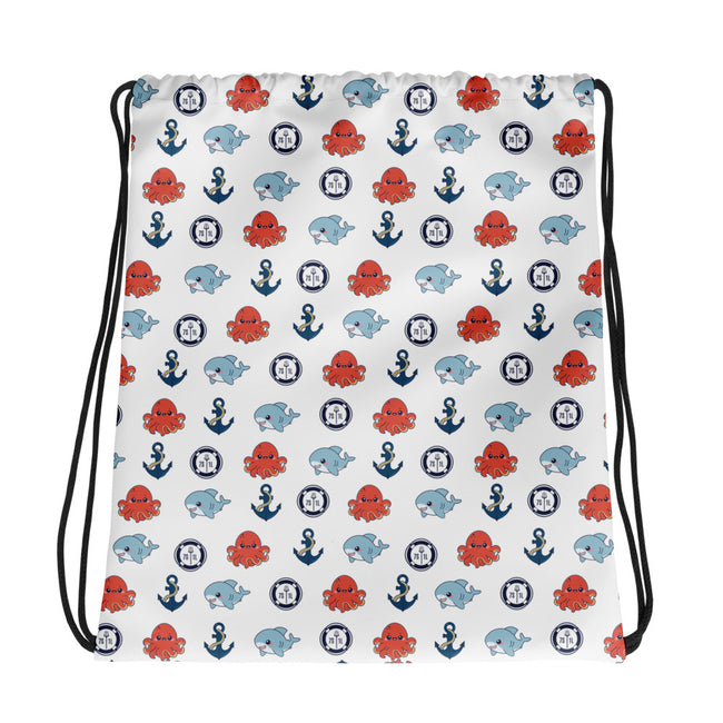 Drawstring bag with nautical pattern featuring octopuses, anchors, and whales on a white background. Hover Image