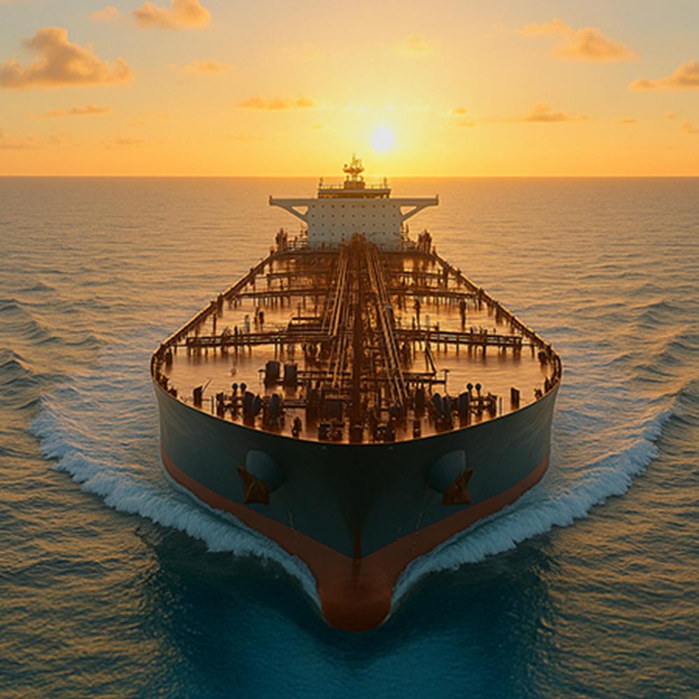 Large oil tanker sailing on the ocean at sunset