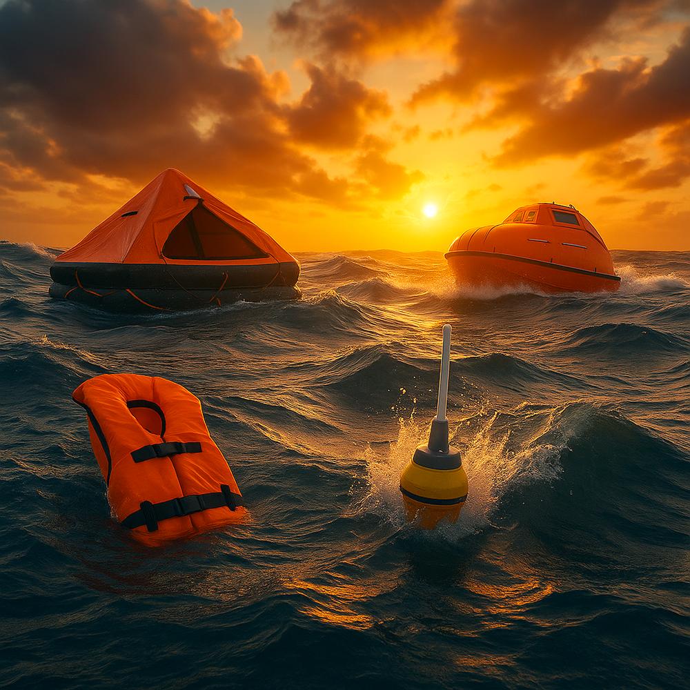 SOLAS life saving appliances, epirb, liferaft, und lifejacket on sunset