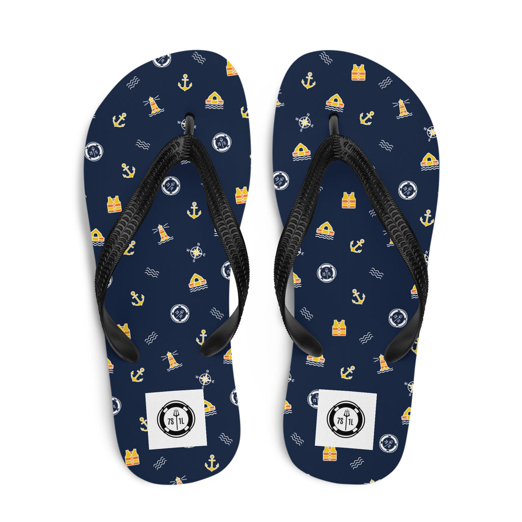 SOLAS life rasft on a navy flip flop