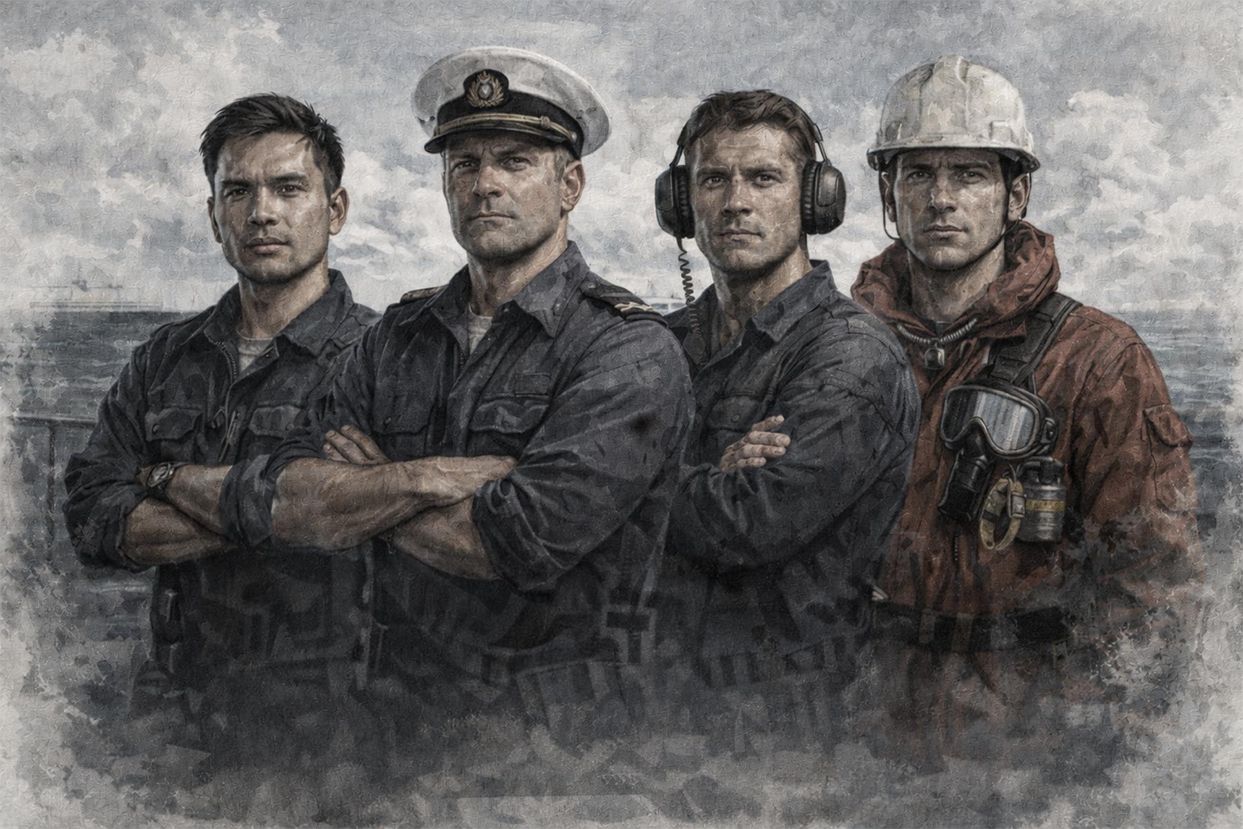 Four men in sailor or naval uniforms standing together against a textured background.
