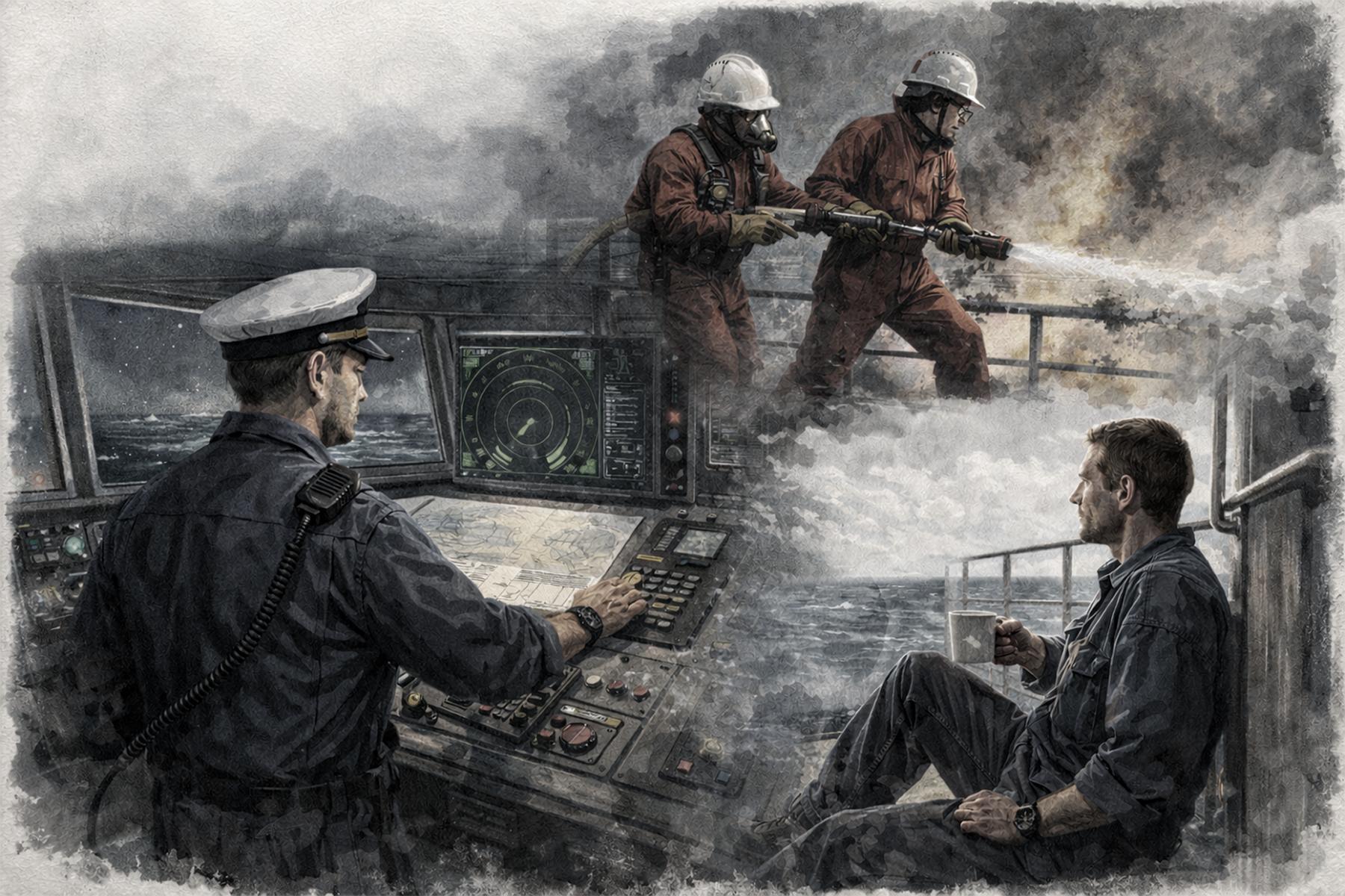 Illustration of a ship's control room with personnel operating equipment and one person using a fire hose.