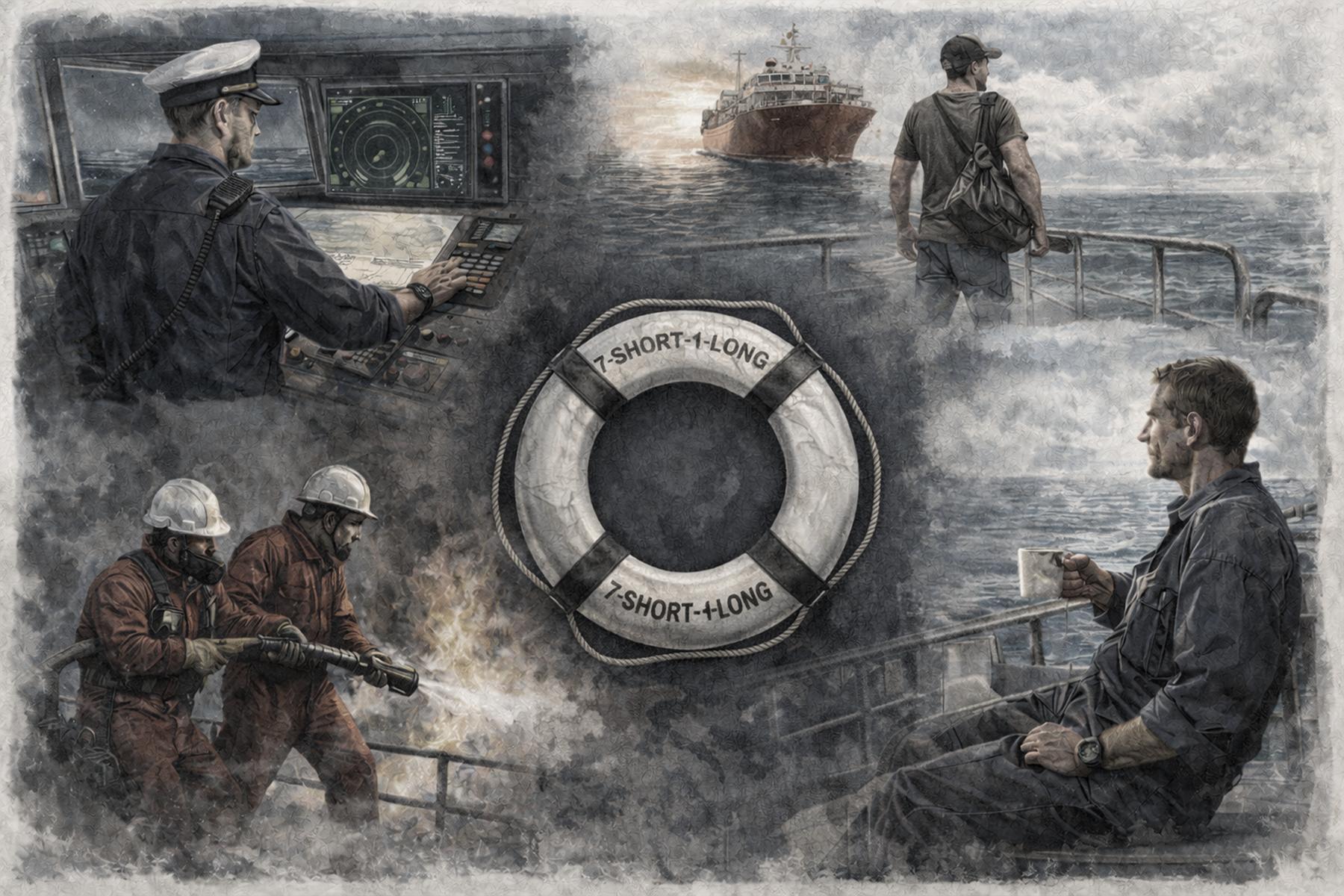 Illustration of people on a ship with a life buoy and 'Short & Long' branding.