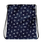Navy blue drawstring bag with white maritime pattern on a white background