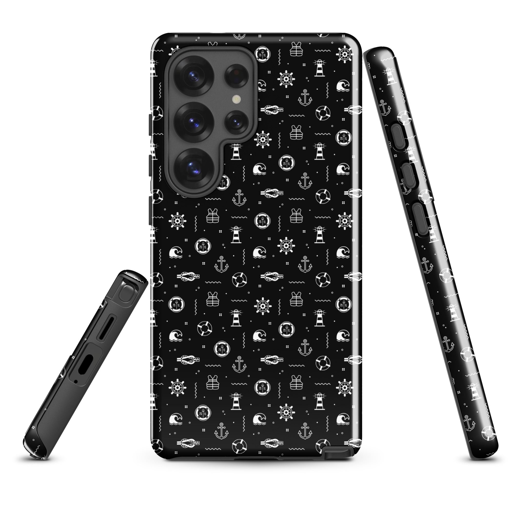 Black Samsung Phone case with anchor and lighthouse pattern  Main image