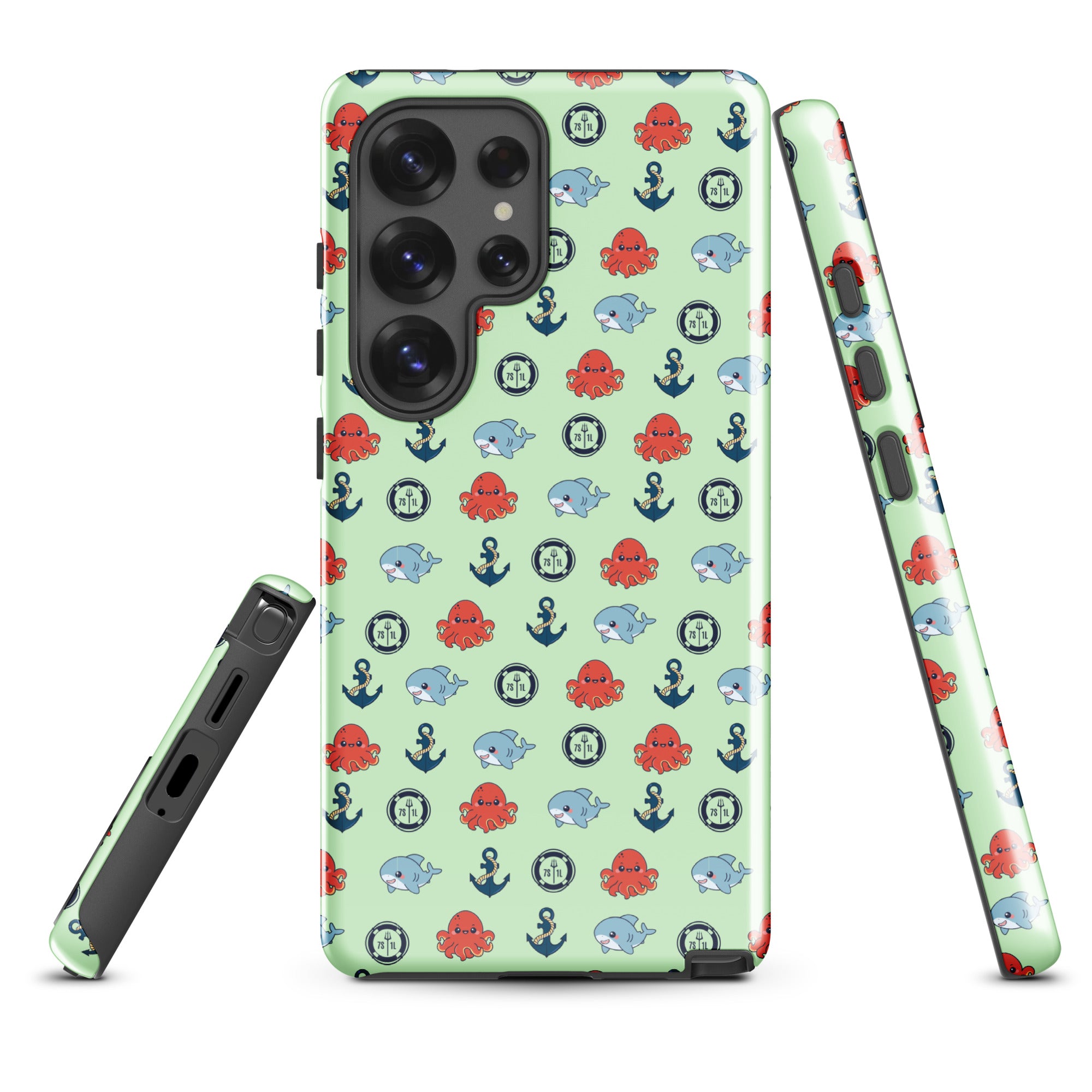 Samsung Case with baby shark, baby octopus pattern on ocean green background  Main image