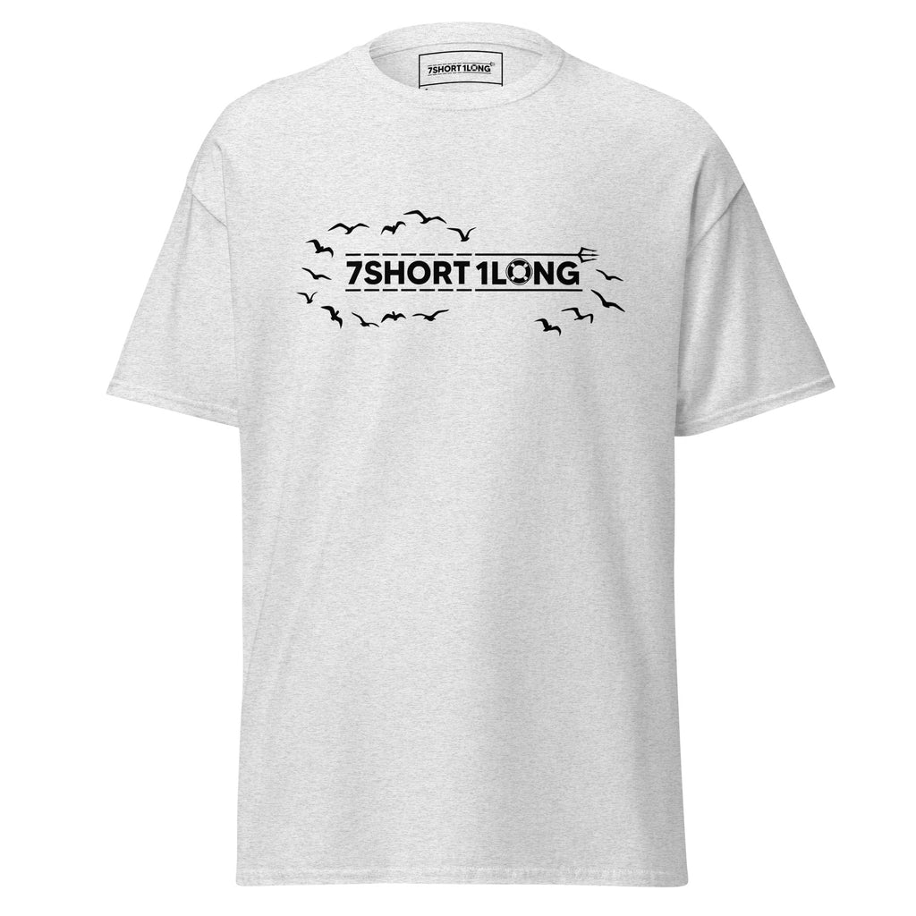 maritime T-shirt with 7-Shot-One-Long logo print with seagul design inspired by nautical alarm signals and seafarer culture.