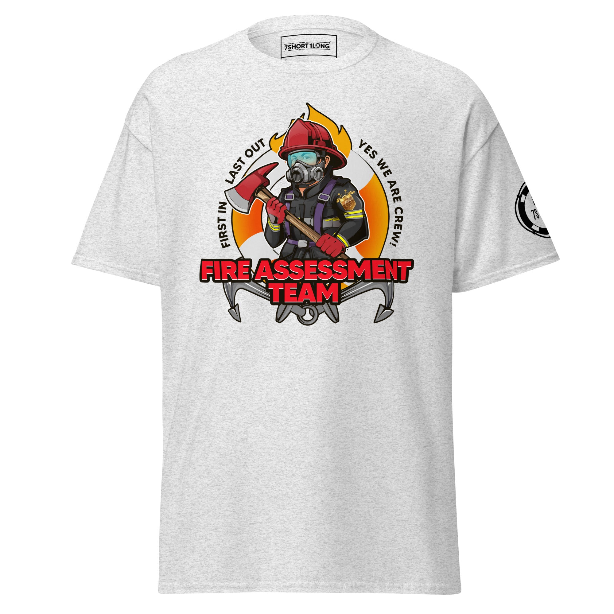 Maritime T-shirt with Fire Assessment Team design, representing onboard emergency response and ship fire brigade entering fire zones during emergencies.