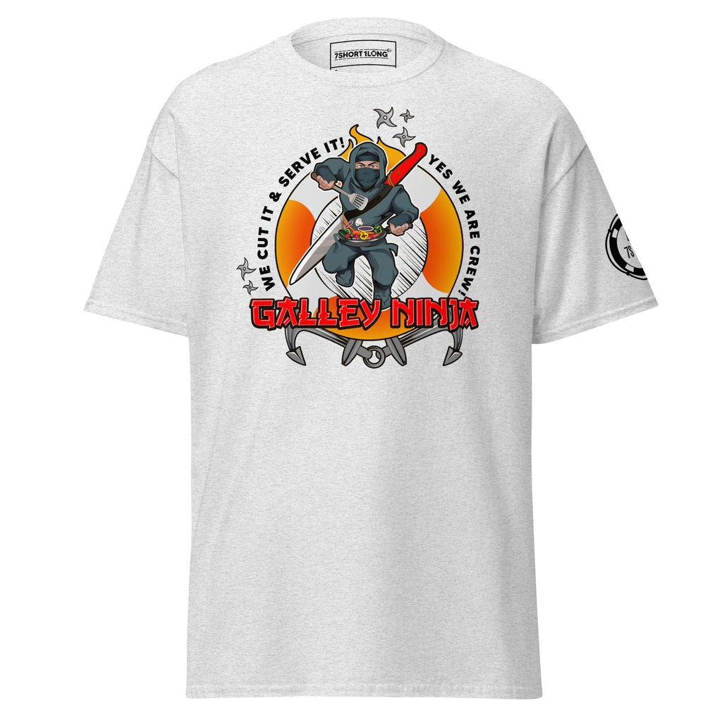 Maritime T-shirt with Galley Department “Galley Ninja” design, representing ship cooks and galley crew preparing meals to support crew morale on board.