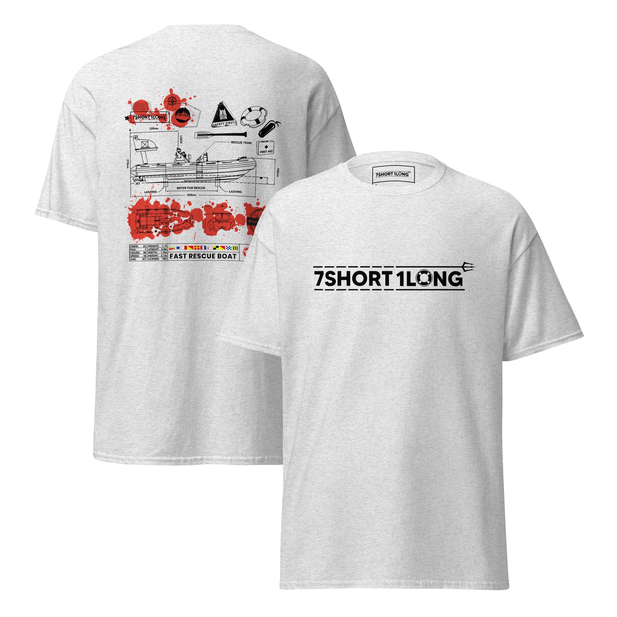Maritime T-shirt with Fast Rescue Boat design inspired by high-speed rescue craft, STCW training, and SOLAS-compliant emergency operations at sea.