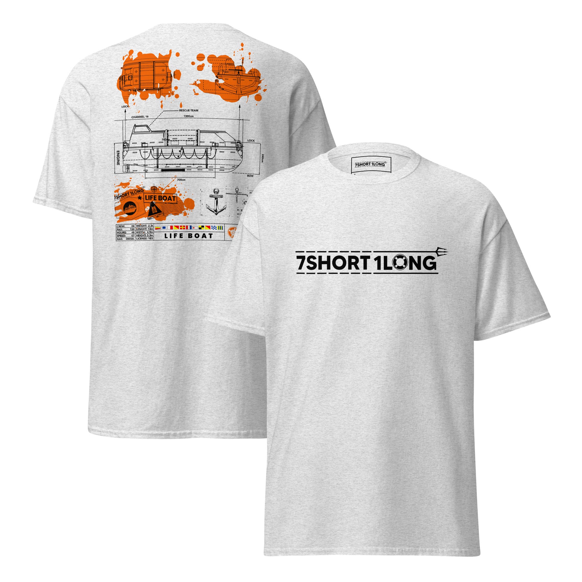 Maritime T-shirt with Lifeboat design inspired by SOLAS regulations and ship emergency evacuation procedures at sea.