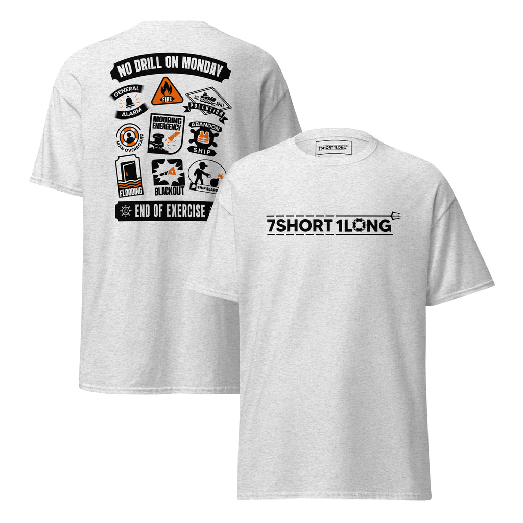 Maritime T-shirt with Ship Safety Drills design, featuring icons for fire, abandon ship, man overboard, blackout, and emergency response drills under SOLAS regulations.