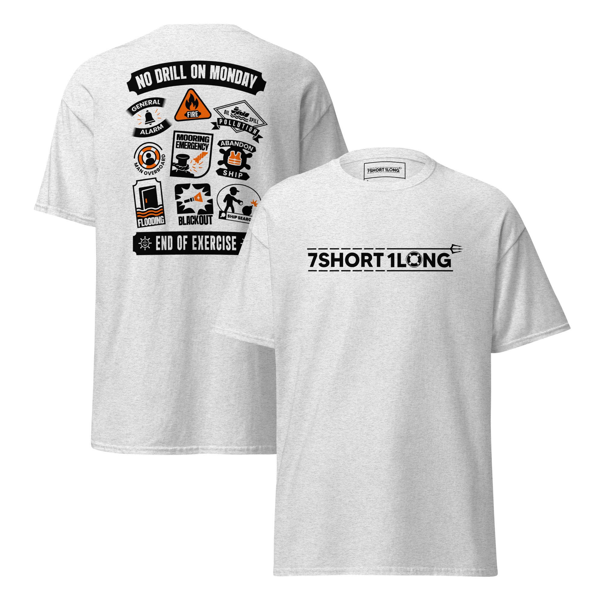 Maritime T-shirt with Ship Safety Drills design, featuring icons for fire, abandon ship, man overboard, blackout, and emergency response drills under SOLAS regulations.