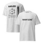 White or colored maritime T-shirt with Sailor Day Circle crew design on back and 7SHORT1LONG logo on front, illustrating daily routines, long contracts at sea, and seafarer life with limited connectivity.
