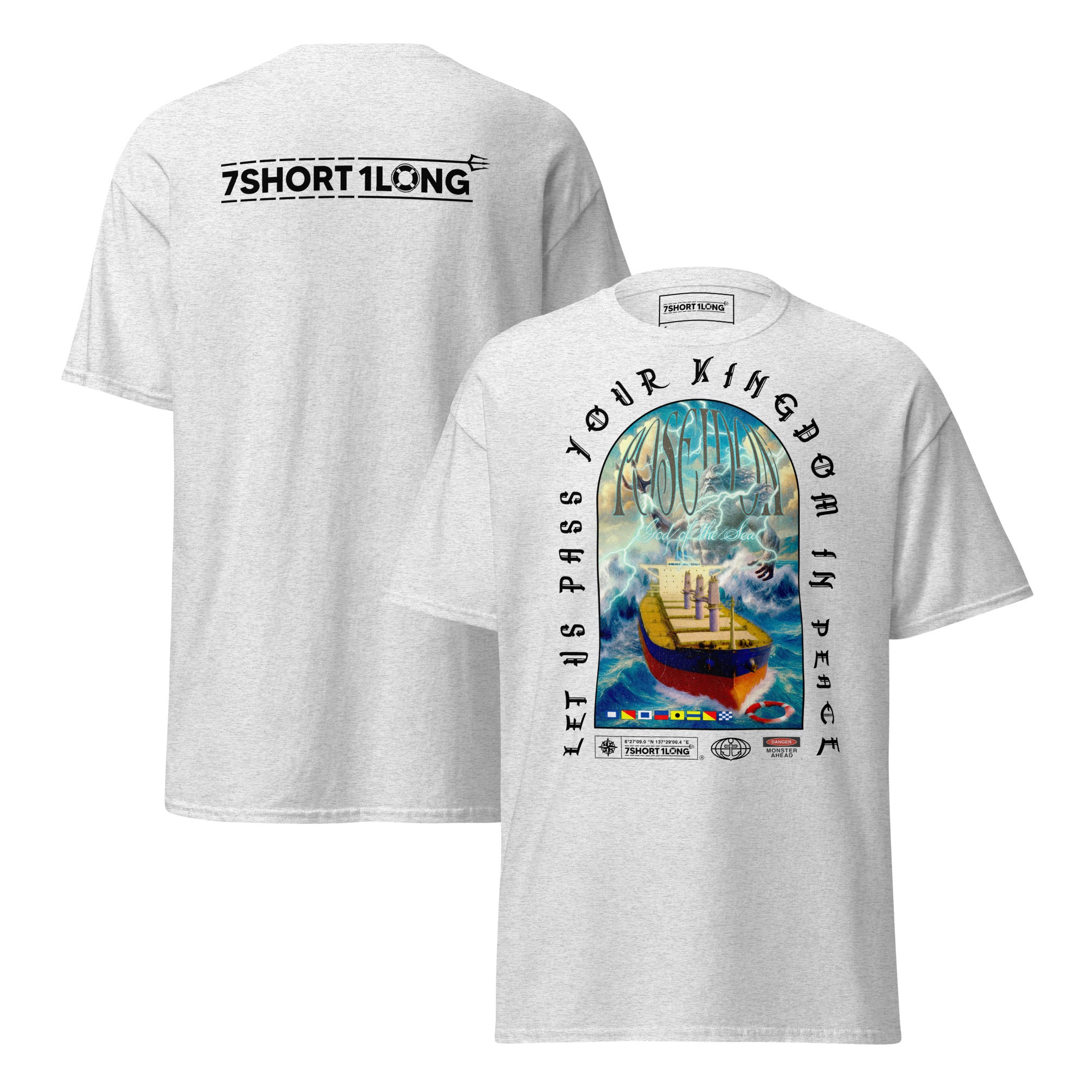 T-shirt design showing the Greek sea god Poseidon judging a bulk carrier ship at sea, inspired by maritime mythology and ancient ocean legends.