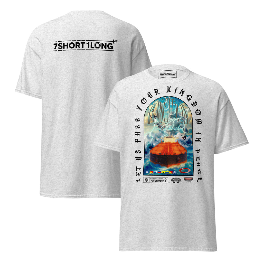 T-shirt design showing the Greek sea god Poseidon judging a tanker ship at sea, inspired by maritime mythology and ancient ocean legends.
