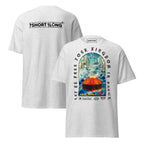 T-shirt design showing the Greek sea god Poseidon judging a tanker ship at sea, inspired by maritime mythology and ancient ocean legends.