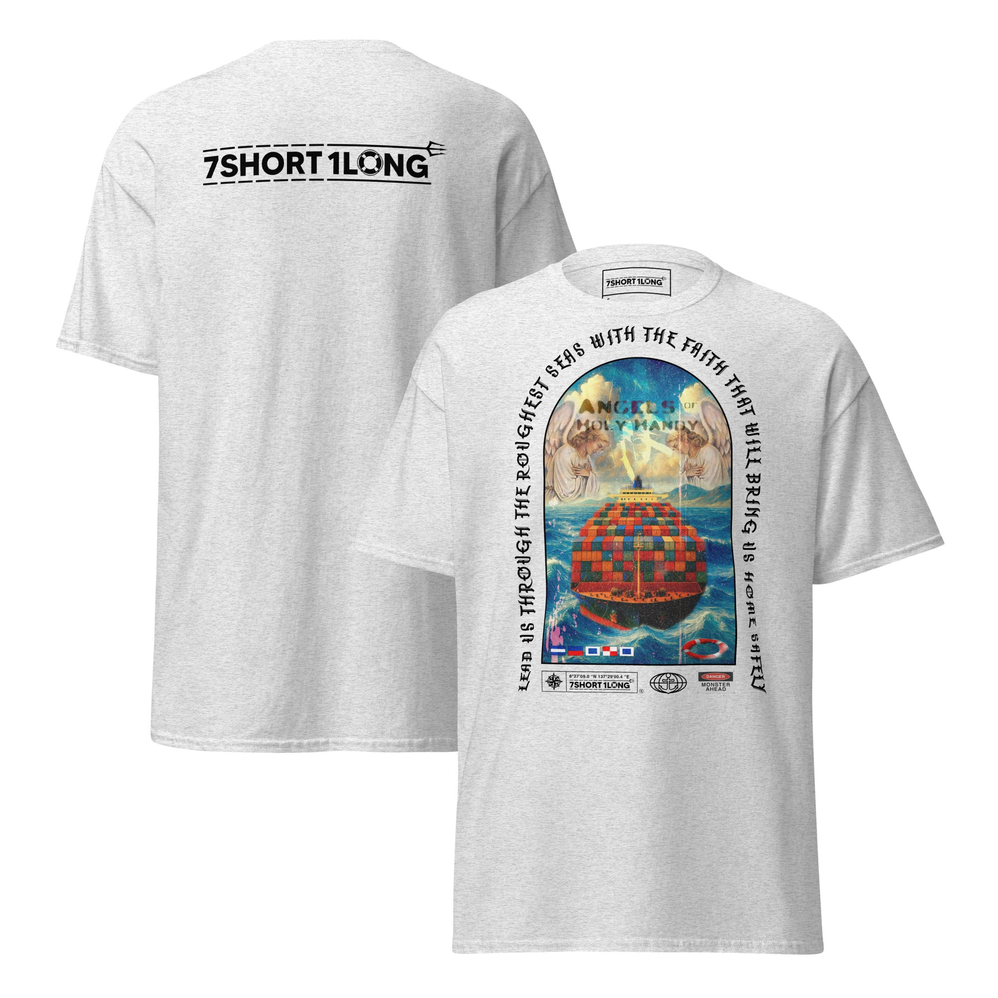 Crew T-shirt with “Angel Watch” container ship design inspired by Christian seafaring tradition, protection at sea, and vigilance during long container ship voyages.