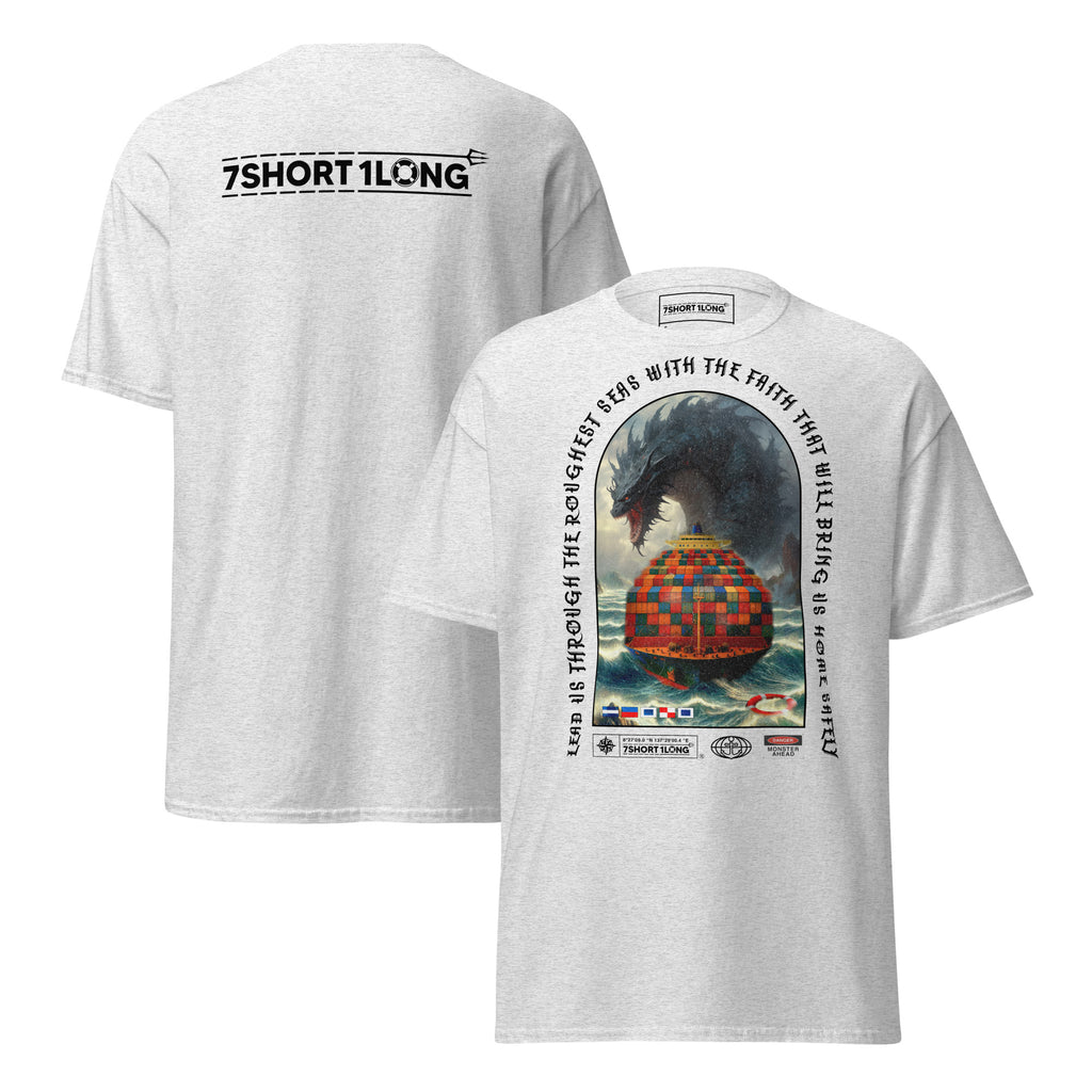 T-shirt design showing a mythical sea monster attacking a container ship, inspired by maritime legends, ocean myths, and classic seafaring folklore.
