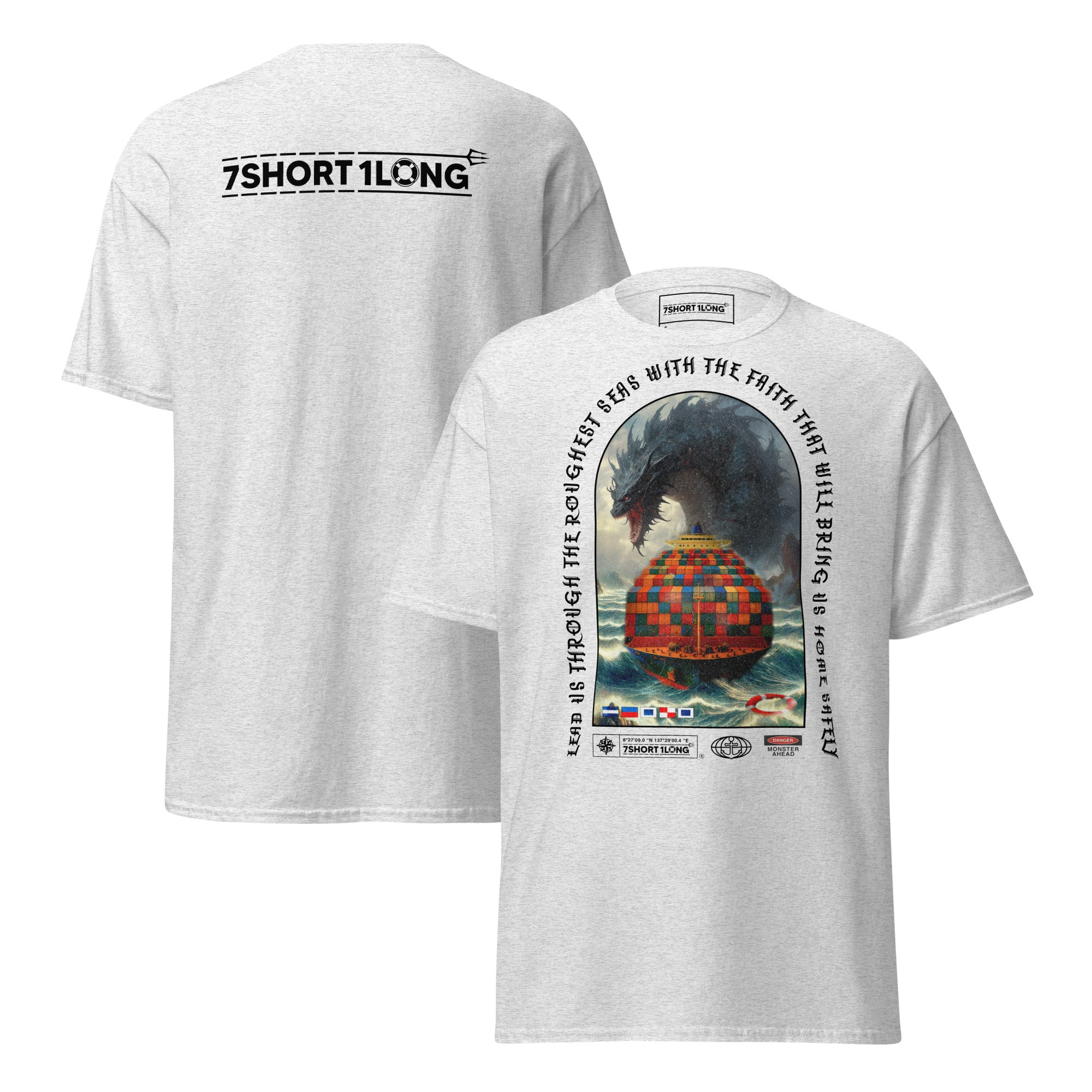 T-shirt design showing a mythical sea monster attacking a container ship, inspired by maritime legends, ocean myths, and classic seafaring folklore.