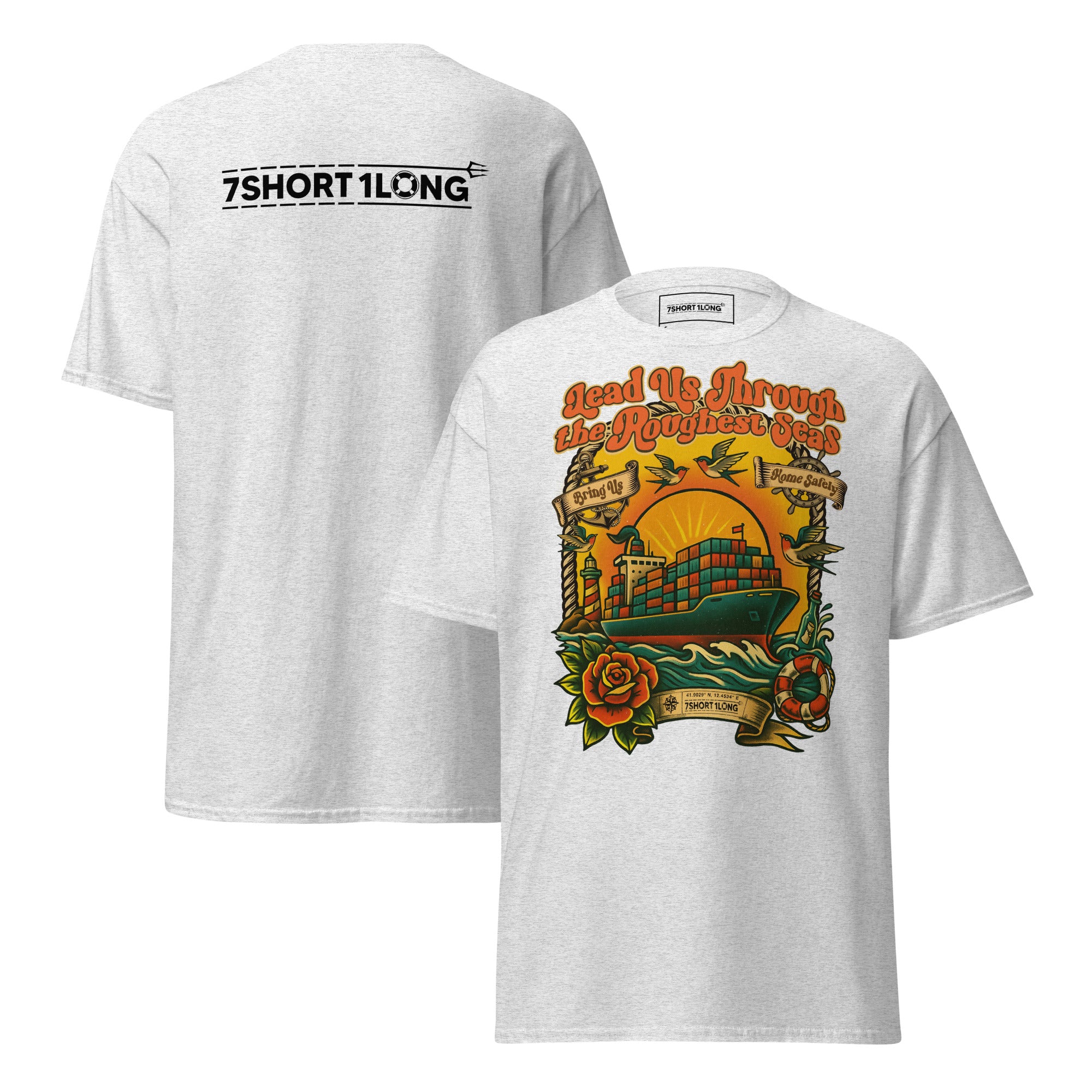 Tattoo-style maritime T-shirt inspired by container ship crew life and classic seafarer tattoo art, dedicated to the legacy of Sailor Jerry and traditional maritime symbolism.