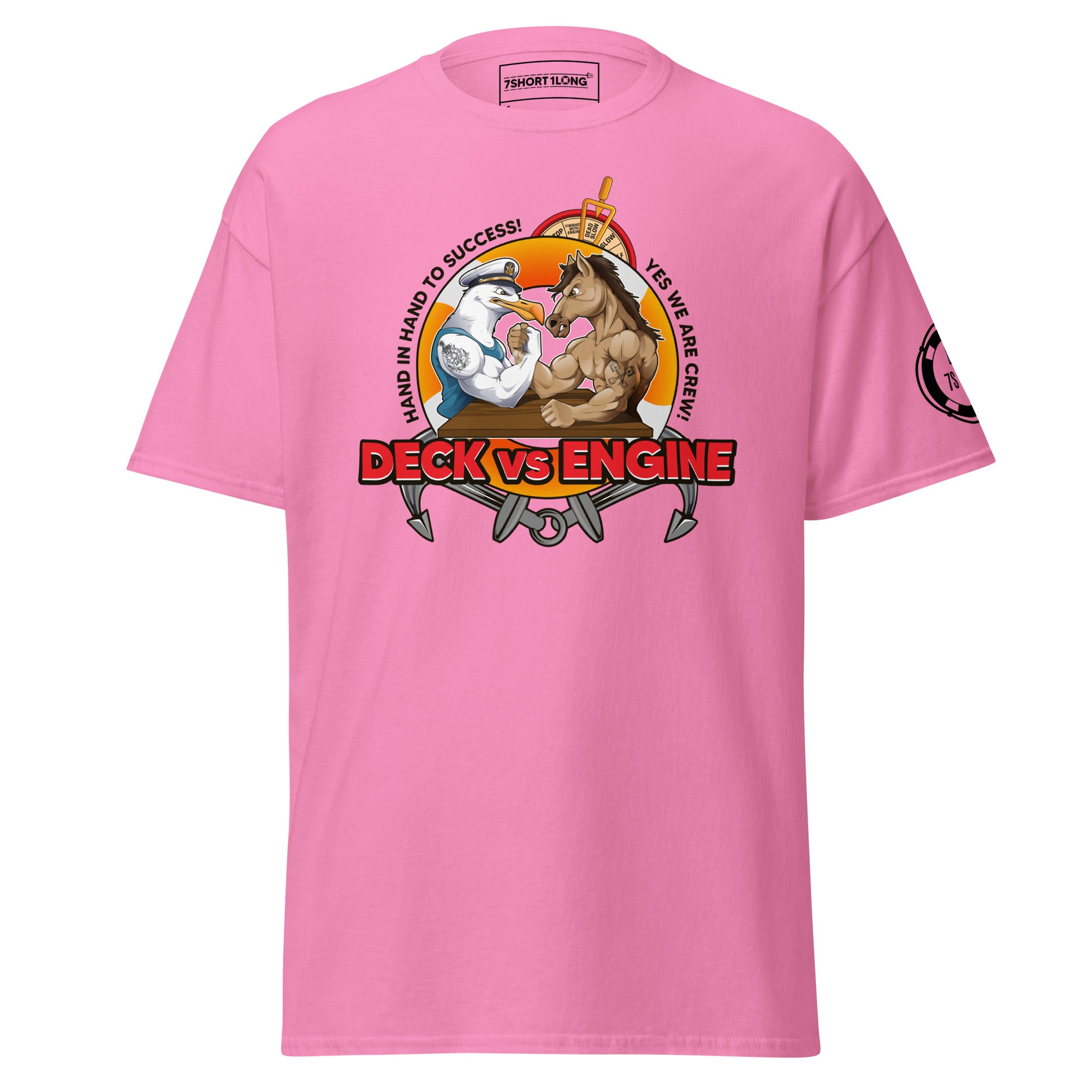 Maritime T-shirt with “Deck Vs Engine” design, symbolizing rivalry and cooperation between deck and engine departments on a ship.