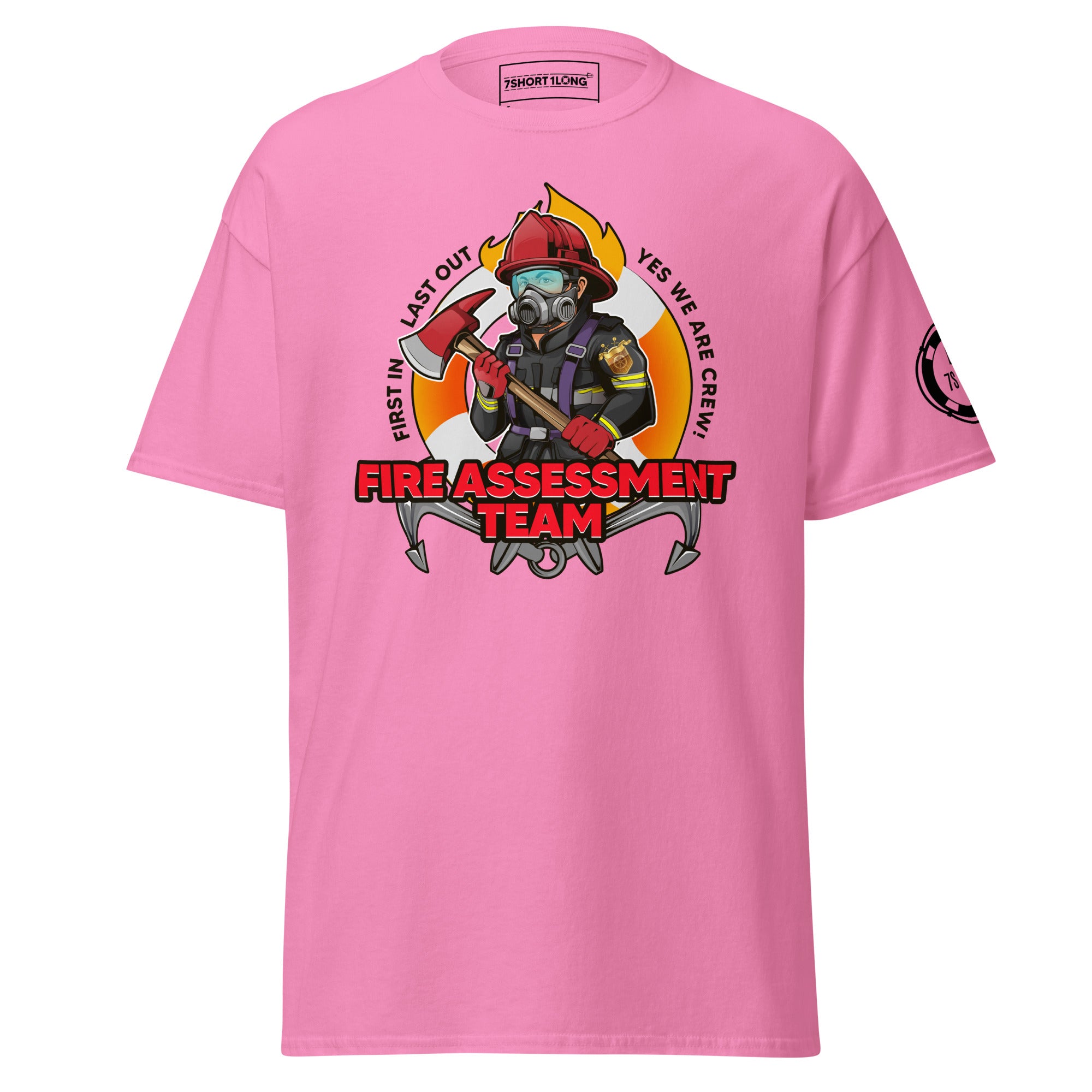 Maritime T-shirt with Fire Assessment Team design, representing onboard emergency response and ship fire brigade entering fire zones during emergencies.