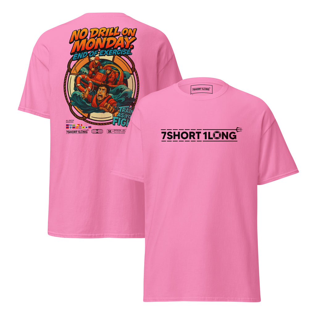 Maritime T-shirt with “Man Overboard Drill” design, inspired by SOLAS emergency procedures and crew rescue training at sea.