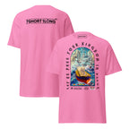 T-shirt design showing the Greek sea god Poseidon judging a bulk carrier ship at sea, inspired by maritime mythology and ancient ocean legends.