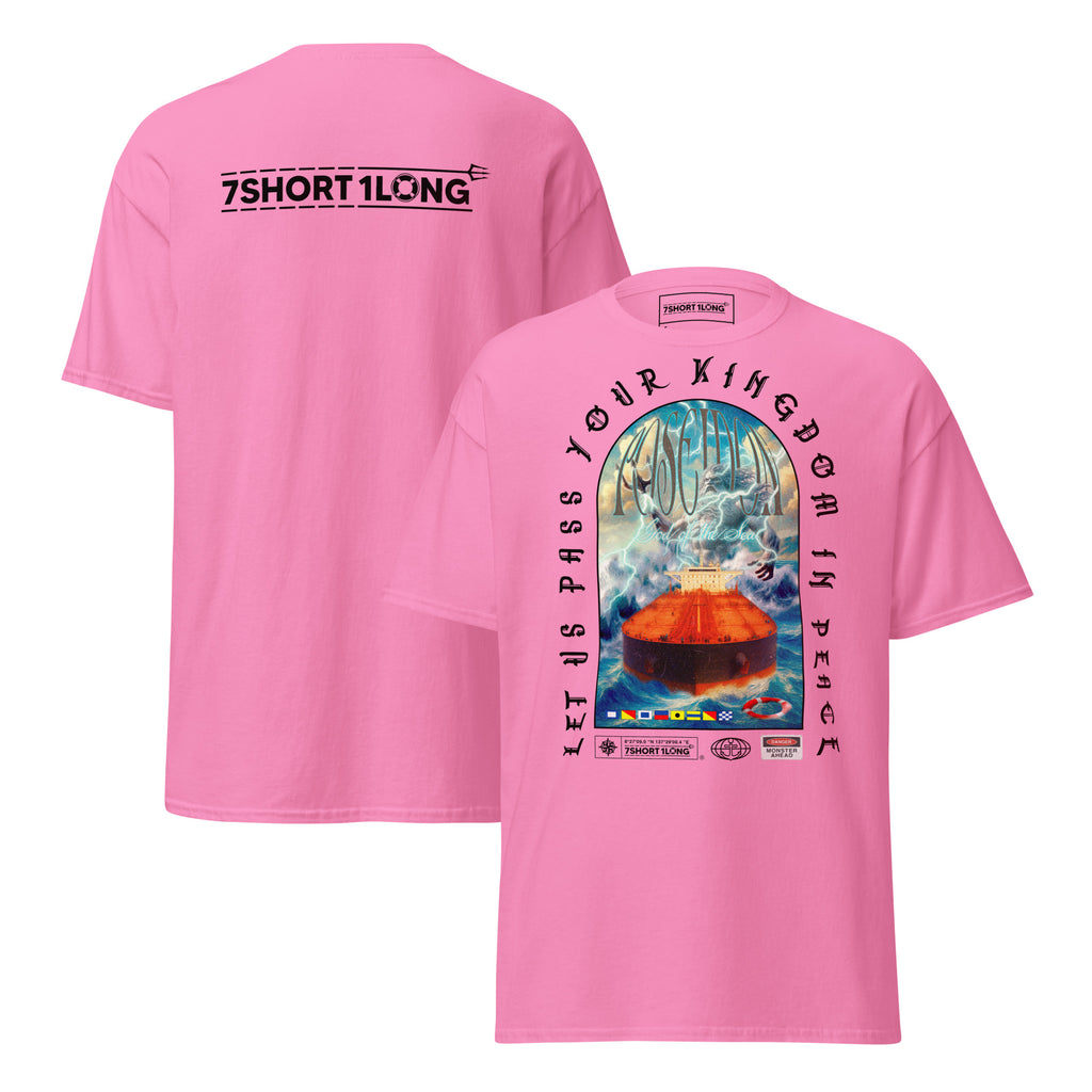 T-shirt design showing the Greek sea god Poseidon judging a tanker ship at sea, inspired by maritime mythology and ancient ocean legends.