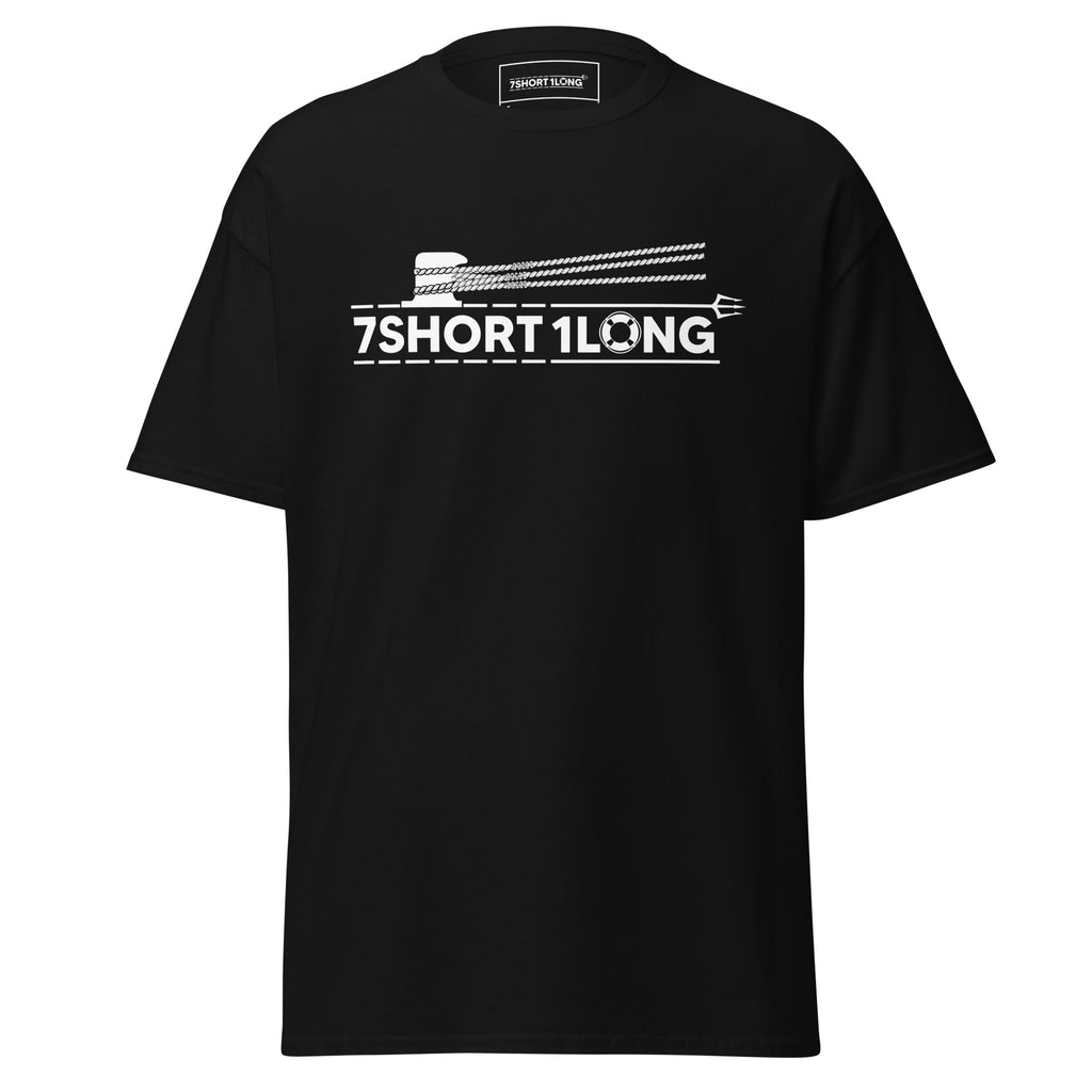 Maritime T-shirt with “7Shot1Long” mooring operation design, inspired by deck work commands “All Lines Ashore” and “All Lines Off,” representing teamwork, precision, and seamanship at sea.