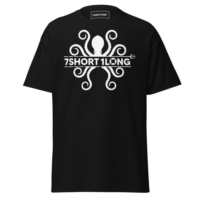 Maritime T-shirt with detailed Octopus design inspired by seafarers’ folklore, bold high-contrast lines and precision artwork, nautical myth aesthetic. Hover Image