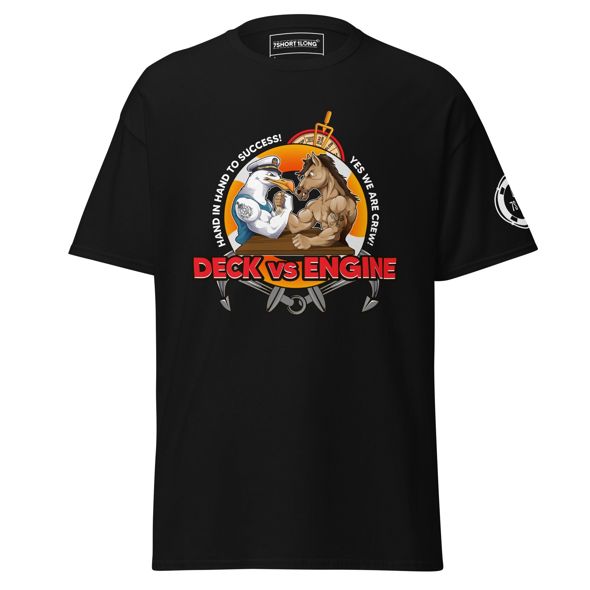Maritime T-shirt with “Deck Vs Engine” design, symbolizing rivalry and cooperation between deck and engine departments on a ship.