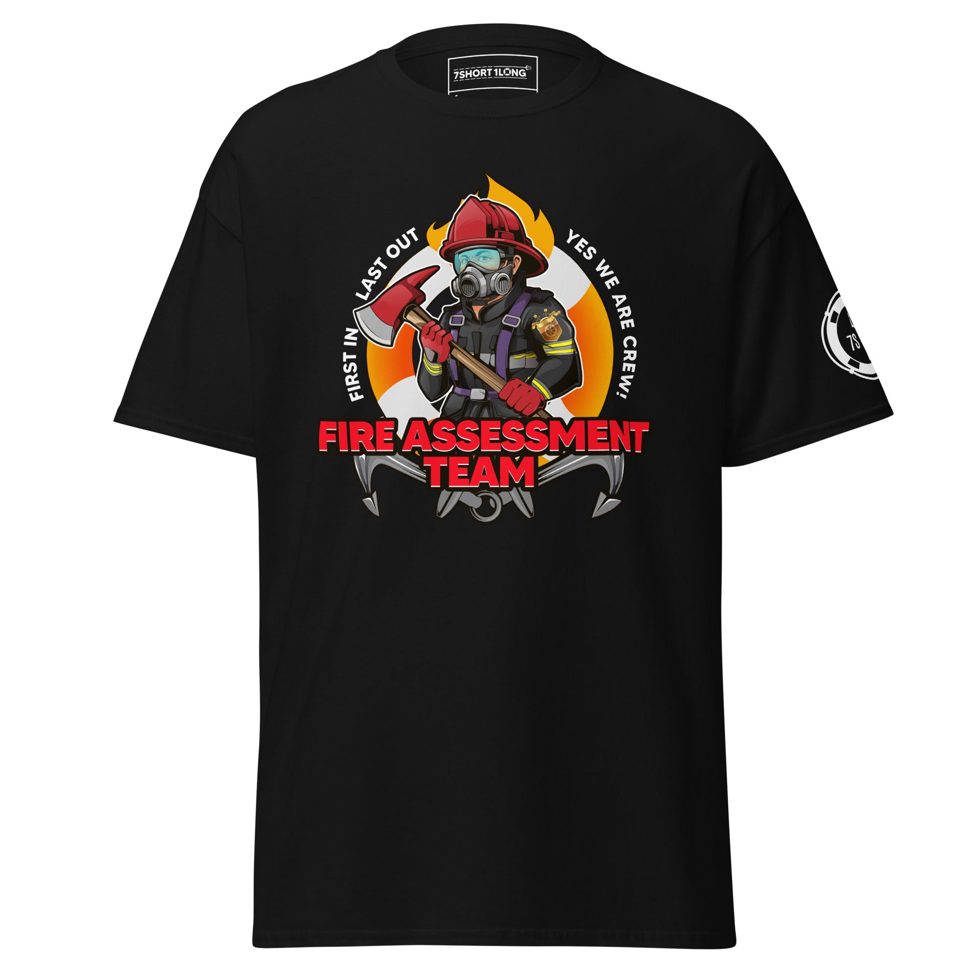 Maritime T-shirt with Fire Assessment Team design, representing onboard emergency response and ship fire brigade entering fire zones during emergencies.
